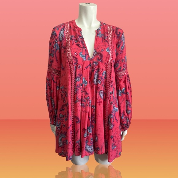 FREE PEOPLE Boho Paisley Flowy Top/Dress Peasant Sleeves - Rayon - Womens Small - Picture 5 of 15